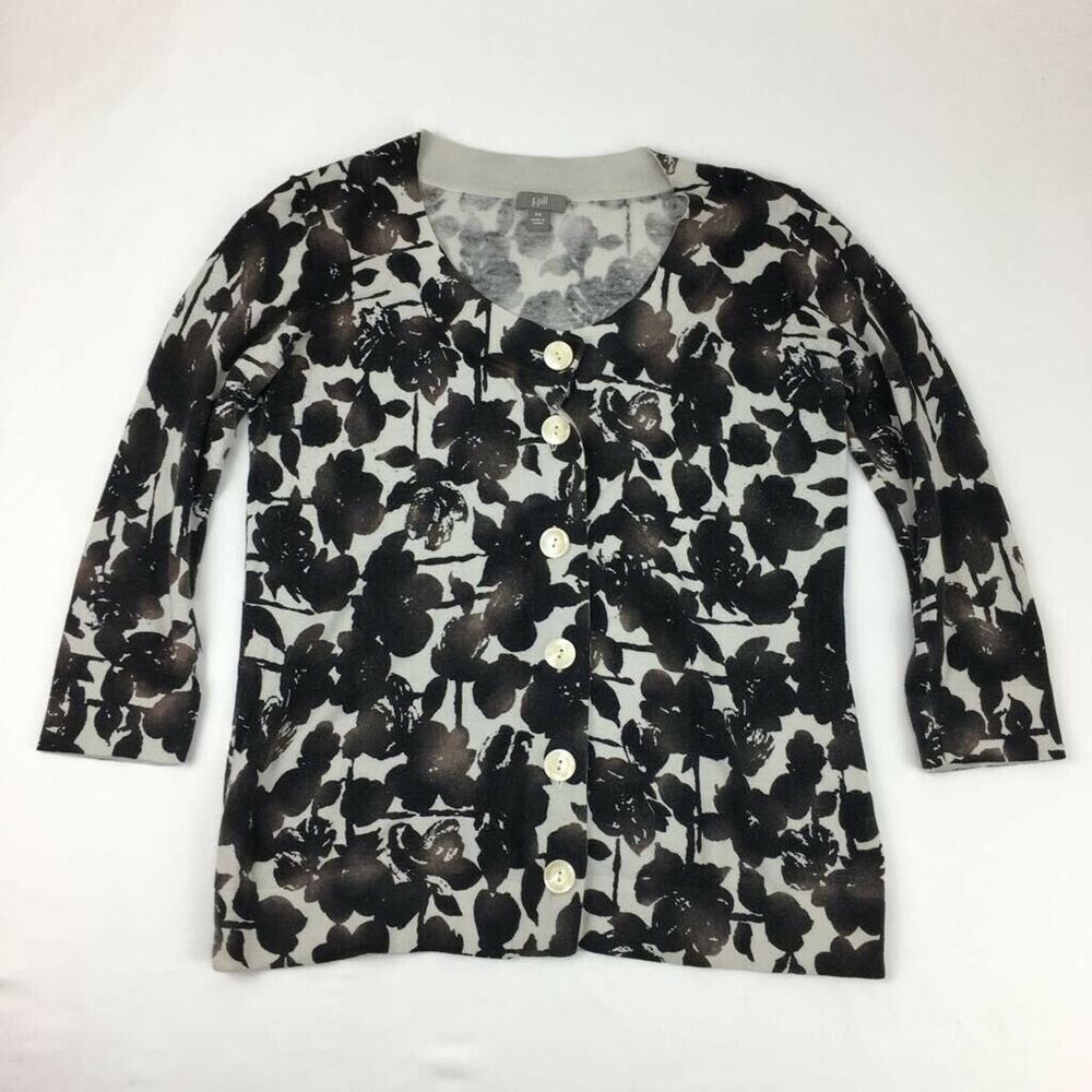 J. Jill Womens Cardigan Sweater Black Gray Floral 3/4 Sleeve Crew Neck Button XS